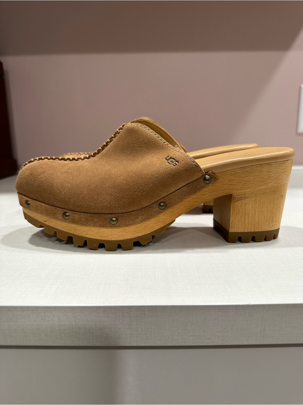 UGG Tan Suede Wood-Platform Clog Heels